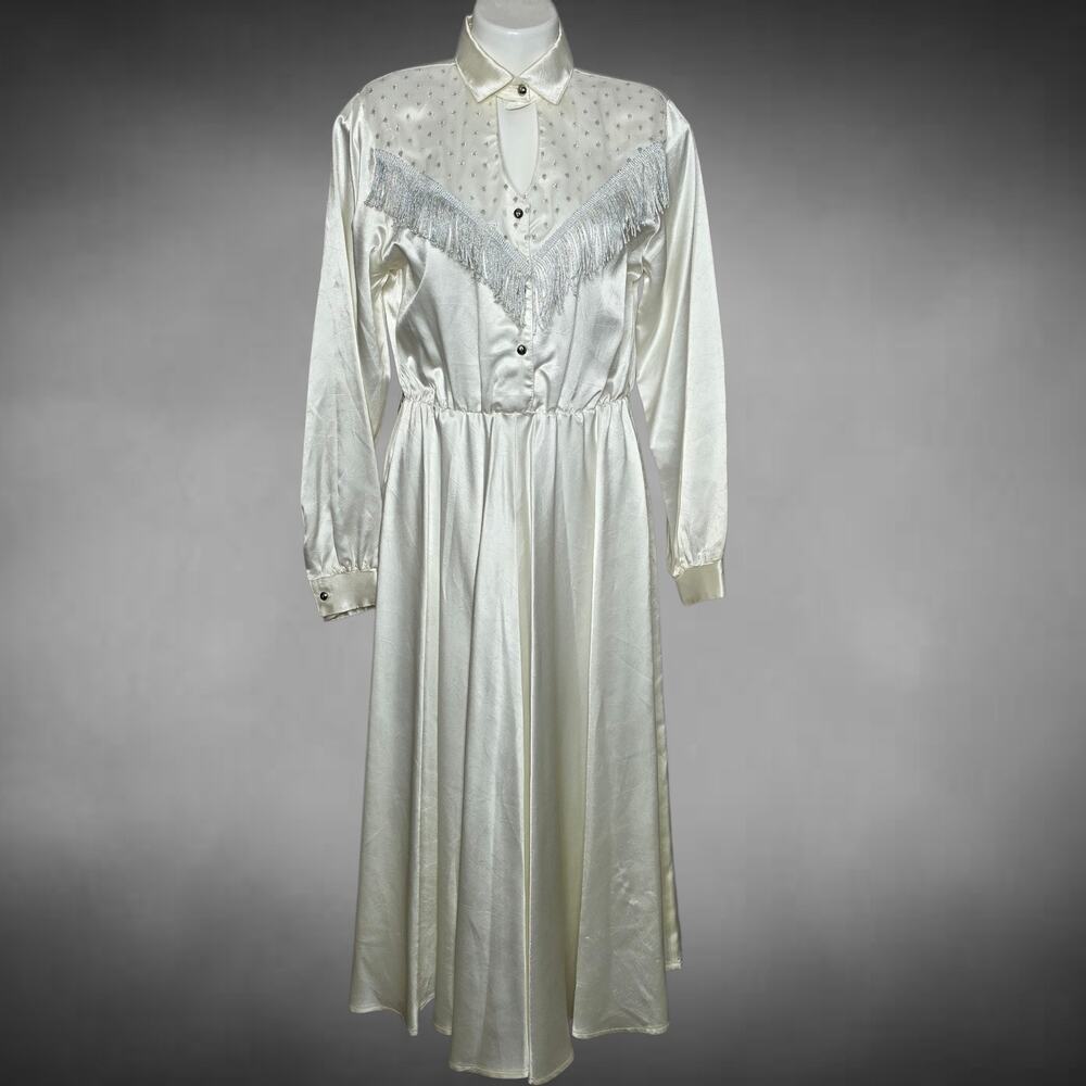 Circle T Vintage Ivory Acetate Satin Western Fringe Dress, sz 9/10